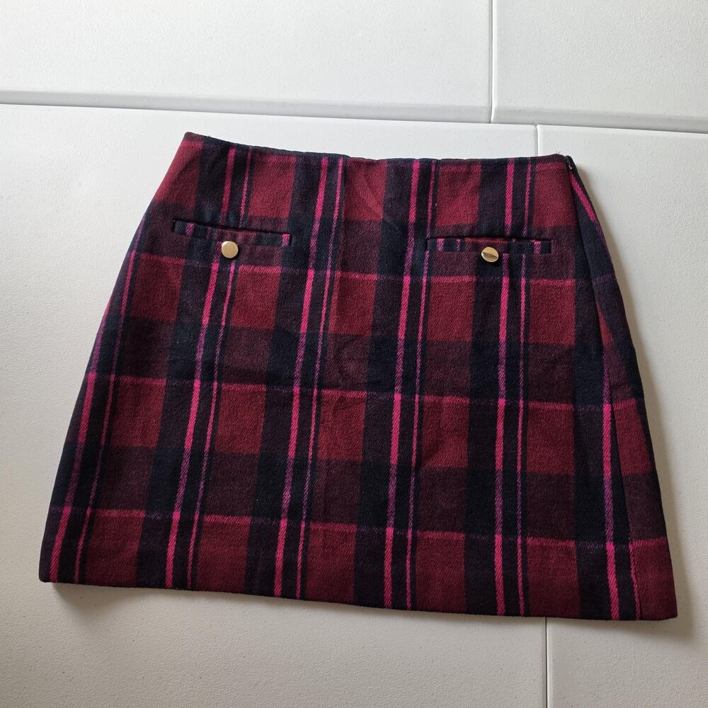 LOFT Skirt Womens 12 Red Plaid Tweed A-Line Mini Preppy Academia Fall Wool
